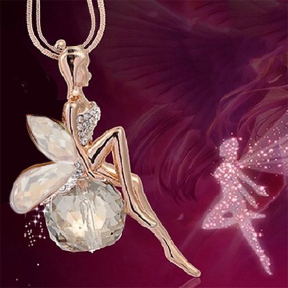 Gold Color Fairy Angel On Crystal Ball/Globe Wing Pendant Necklace - NWT - Picture 1 of 6